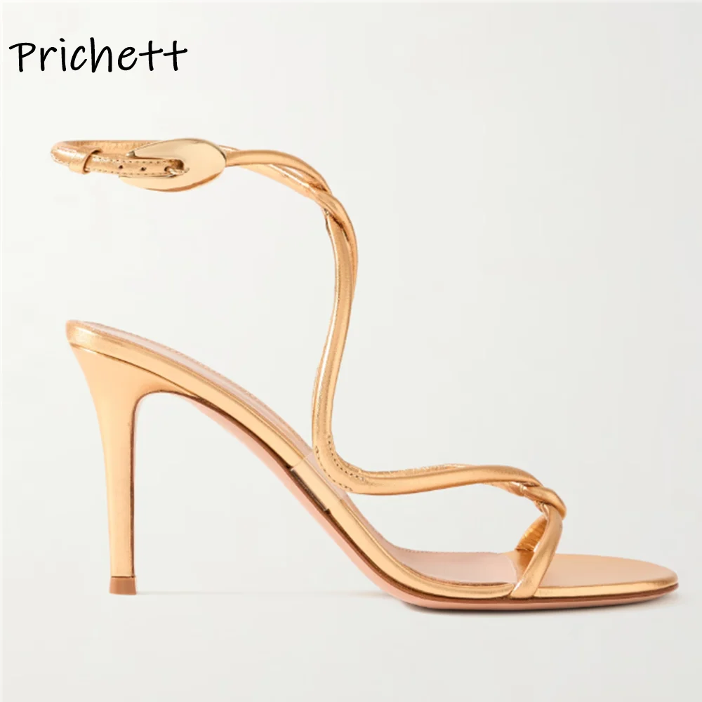 Women Sandals Metal Buckle Cross Band Slingback Solid Round Toe Thin Heels Ankle Band Leather Shoes Summer Sexy Elegant Concise