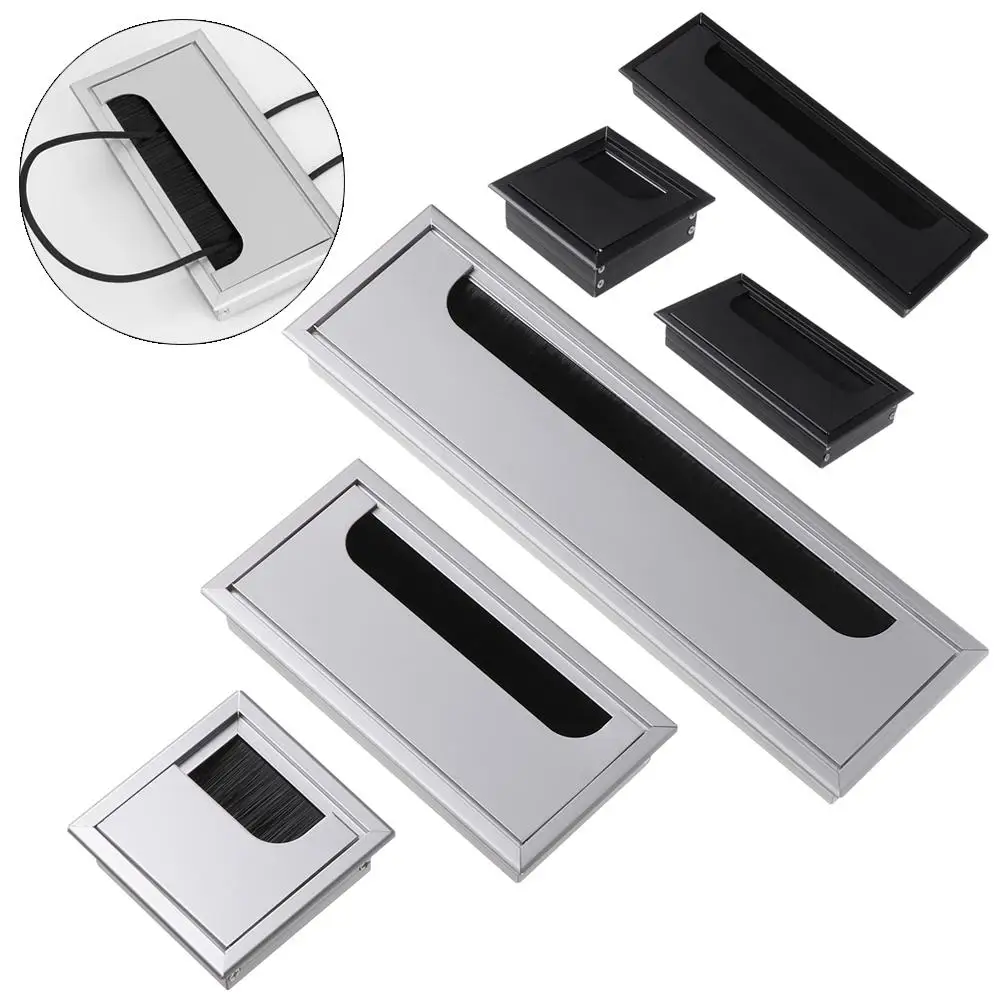 Aluminum Alloy PC Desk Rectangle Wire Cable Grommet Office Table Hole Cover Outlet Port Black Brush