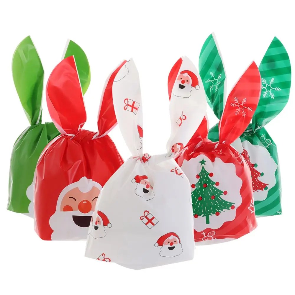 

10PCS Cute Rabbit Long Ear Candy Bags Merry Christmas Santa Claus Plastic Candy Treat Bag Xmas New Year Biscuit Bags