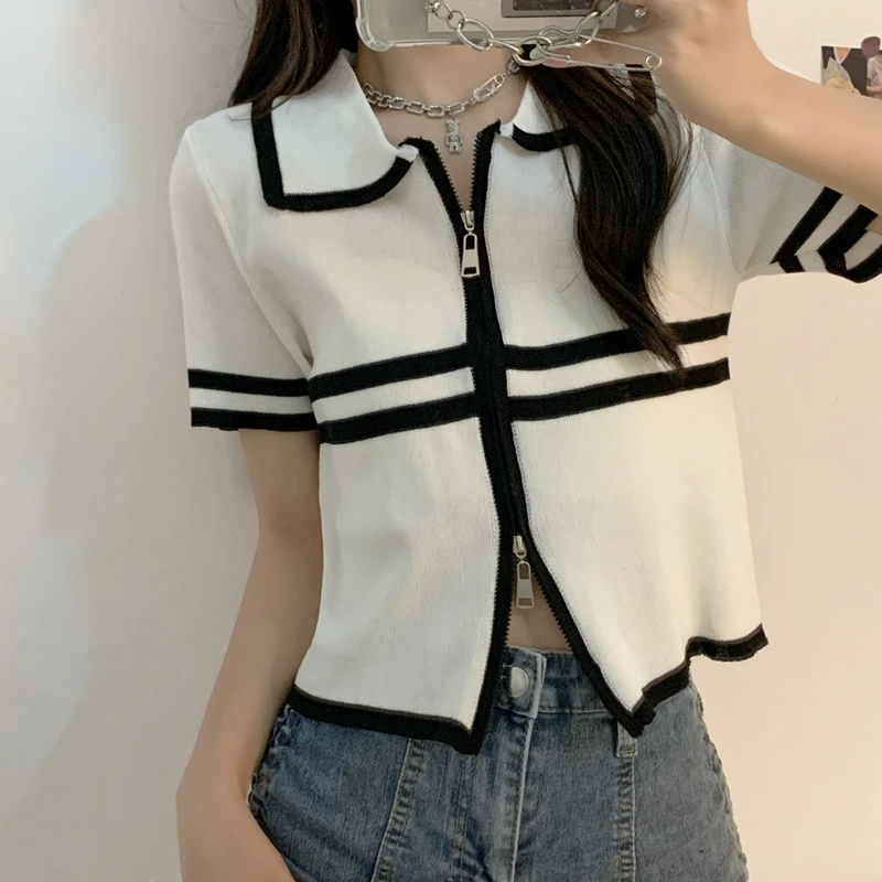 

Women Elastic Tops Vintage Sweaters Short Sleeve T Shirts Cropped Jackets Zip-up Y2K Clothes Korean Style Knitted Cardigan
