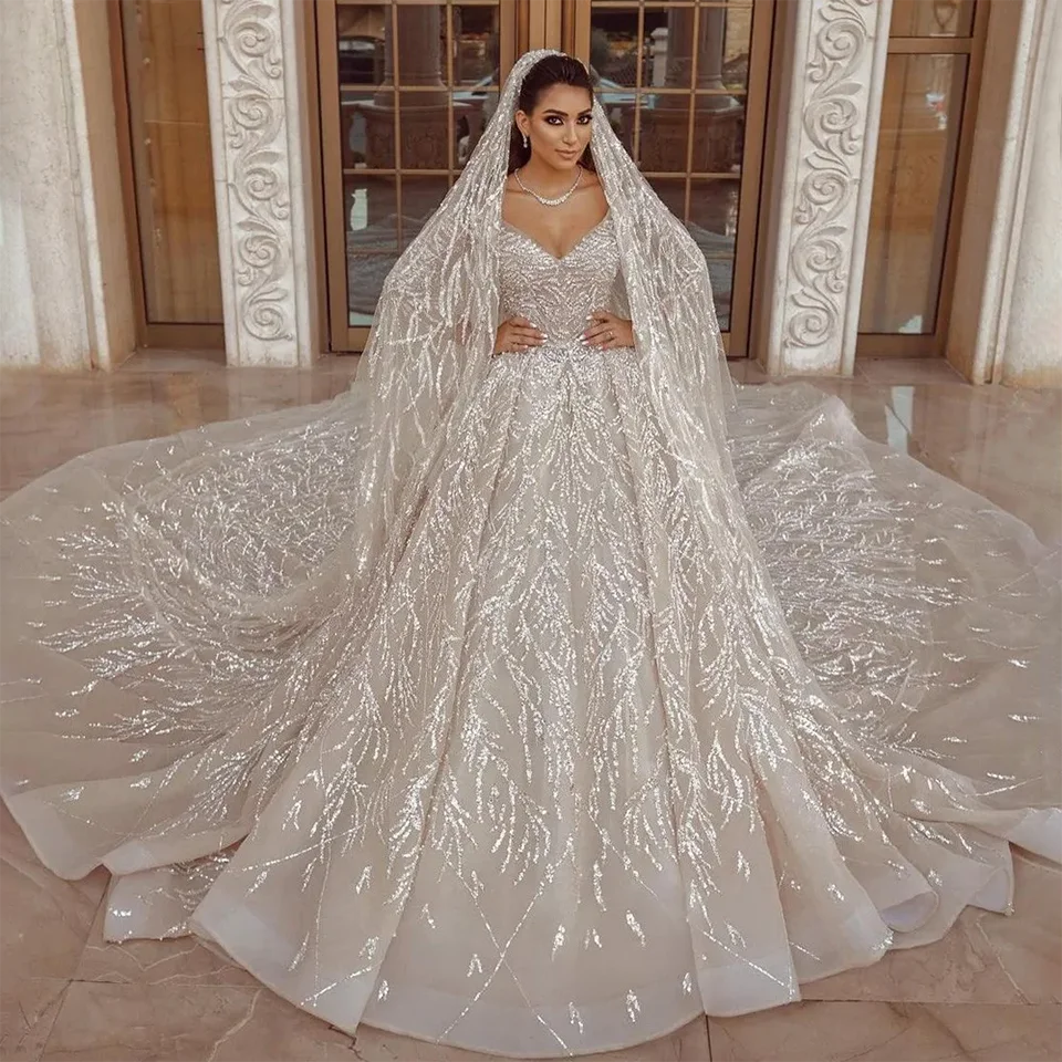 Luxuriöses V-Ausschnitt Funkelndes Pailletten-Ballkleid Hochzeitskleider 2026 Prinzessin Dubai Arabische Langarm-Brautkleider Vestidos De Novia – Detail 3