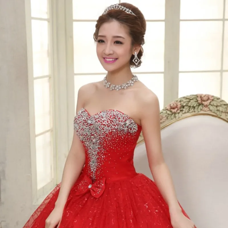 ruthshen Red Ivory Tulle Ball Gown Beading Crystal Quinceanera Dresses Bow Robe De Bal 15 Sweet Sixteen Debutante Gowns