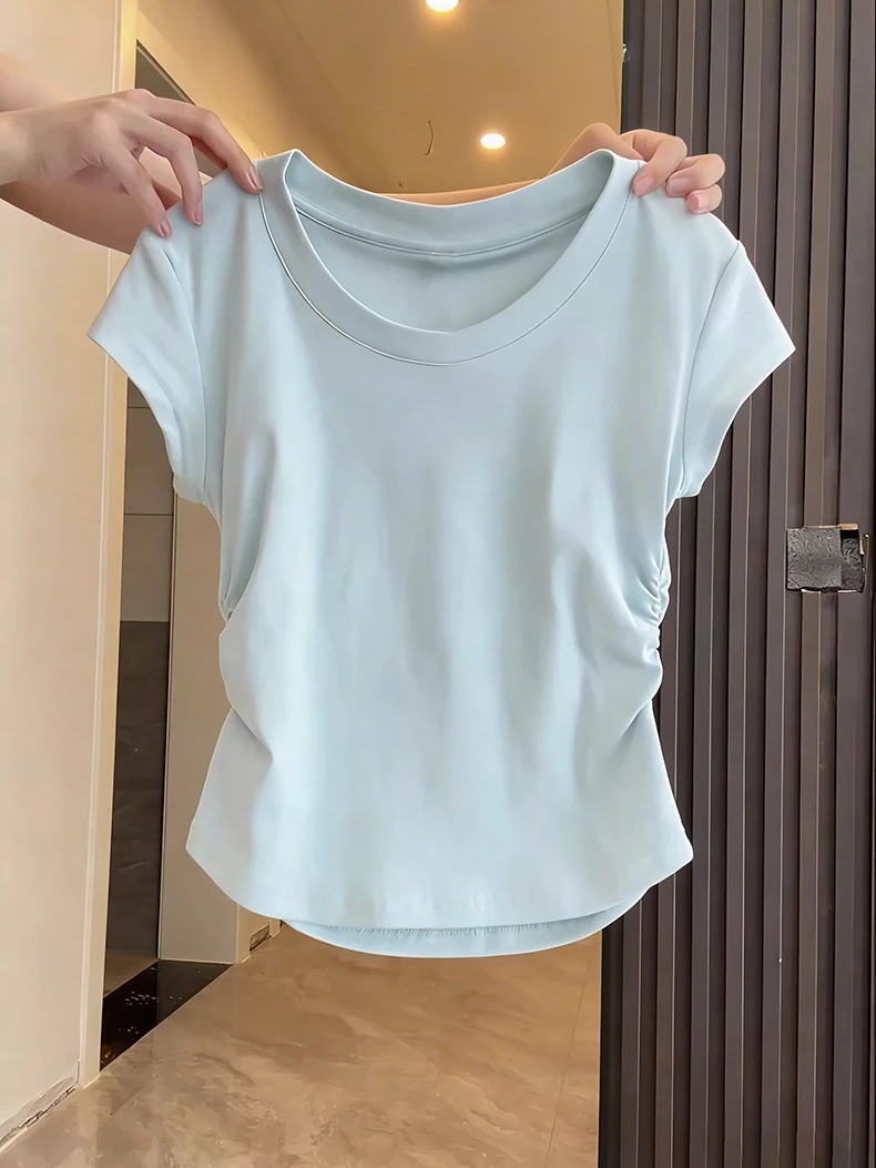 Women's Basic Solid Crop Top Short Sleeve Crewneck Skinny T-shirt Summer Casual Y2K Vintage Harajuku Streetwear