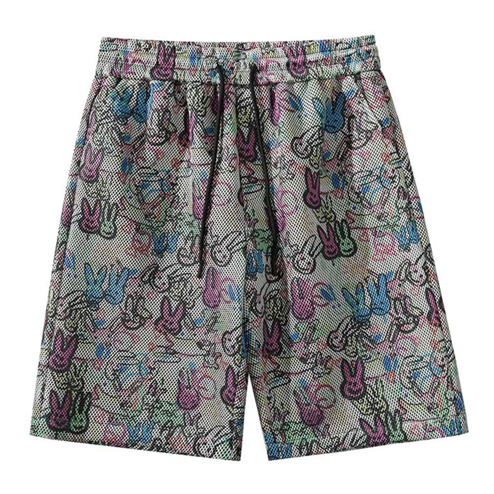 Unisex Elastic Waist Shorts Men's Mesh Hollow Casual Pants Summer Loose Graffiti Short Trousers Trend Fashion Sports Streetwear