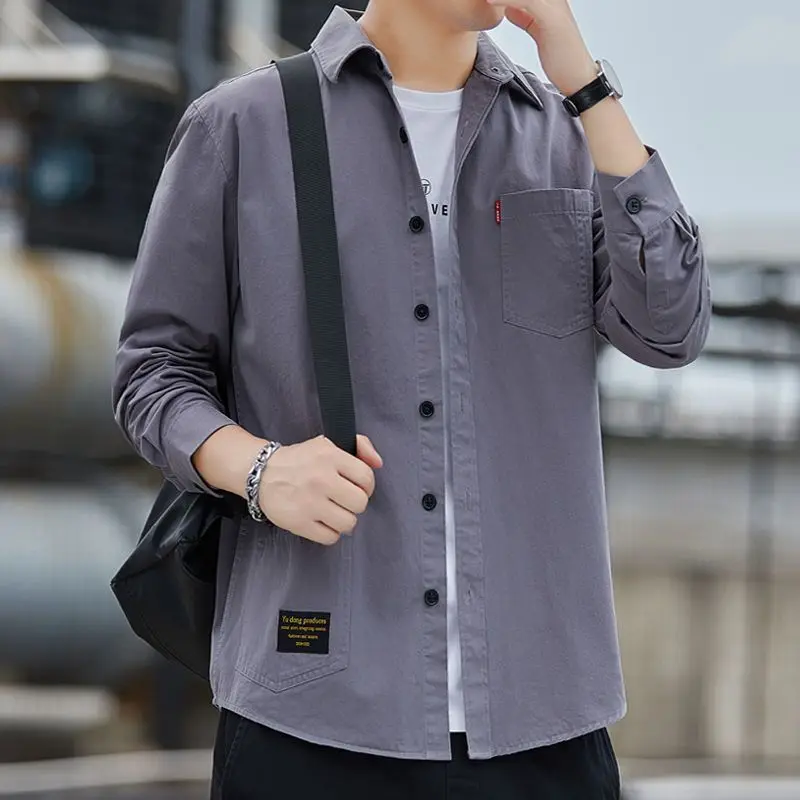 Autumn Winter Korean Style Solid Color Loose Casual Male Shirt Long Sleeve All Match Fashion Blouse Man Chic Streetwear Clothes