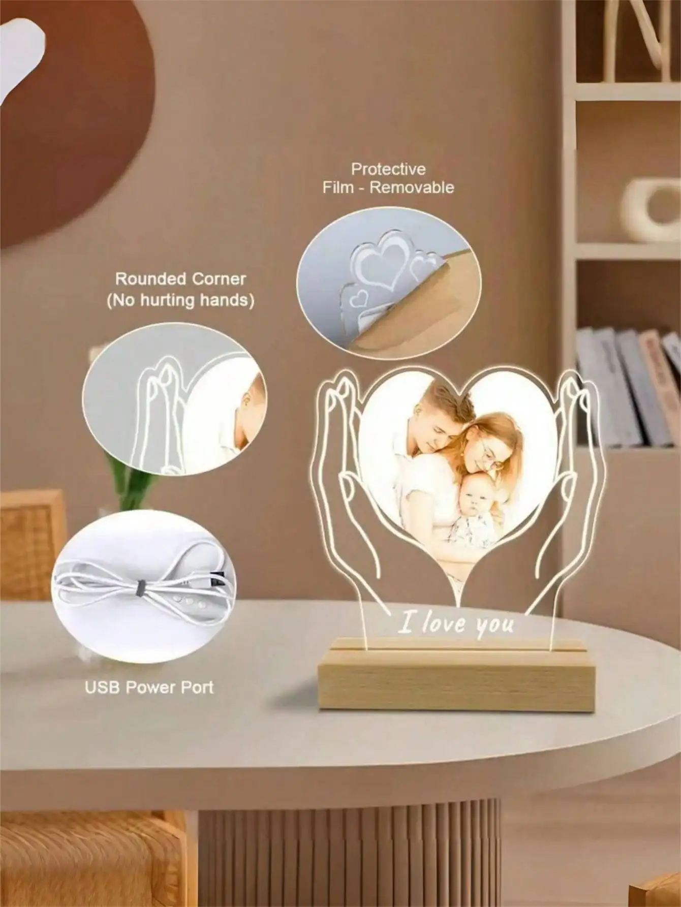 맞춤형 사진 LED 야간 조명 아크릴 하트 플라크 나무 프레임 야간 조명, 초음파 이미지, 어머니 기념품