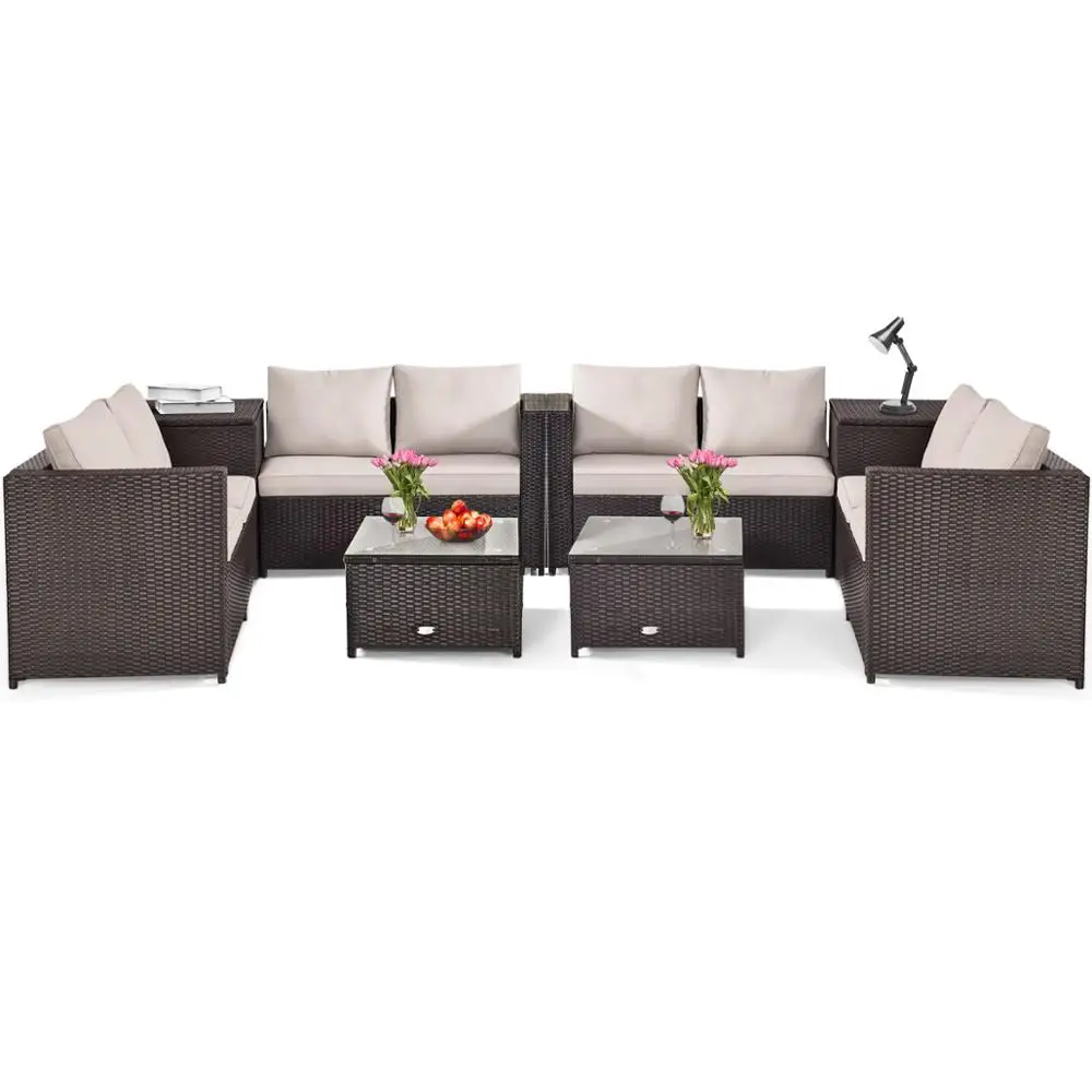 8PCS Outdoor Patio Rattan Furniture Set Cushioned Loveseat Storage Table 2*HW66714BN+