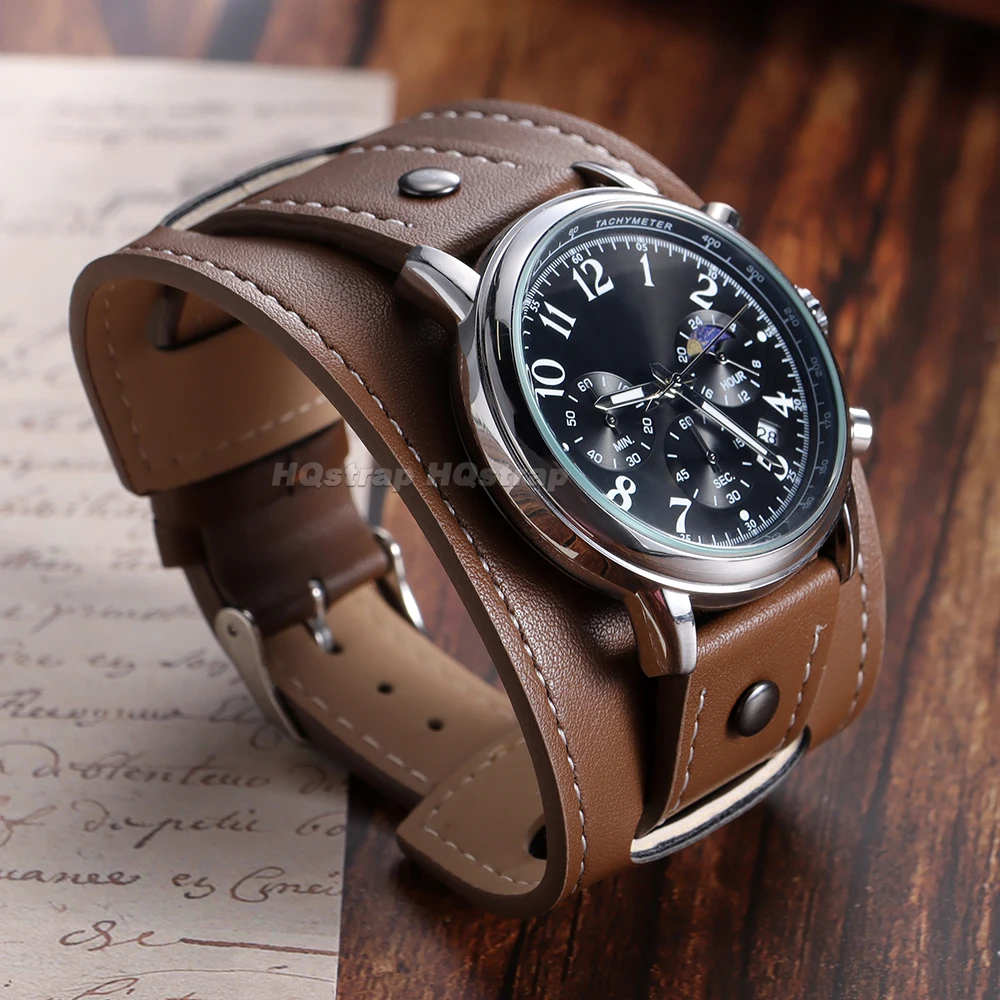 Vintage Brown and Black Retro PU Leather Watch Band Strap with Matte Bund Base