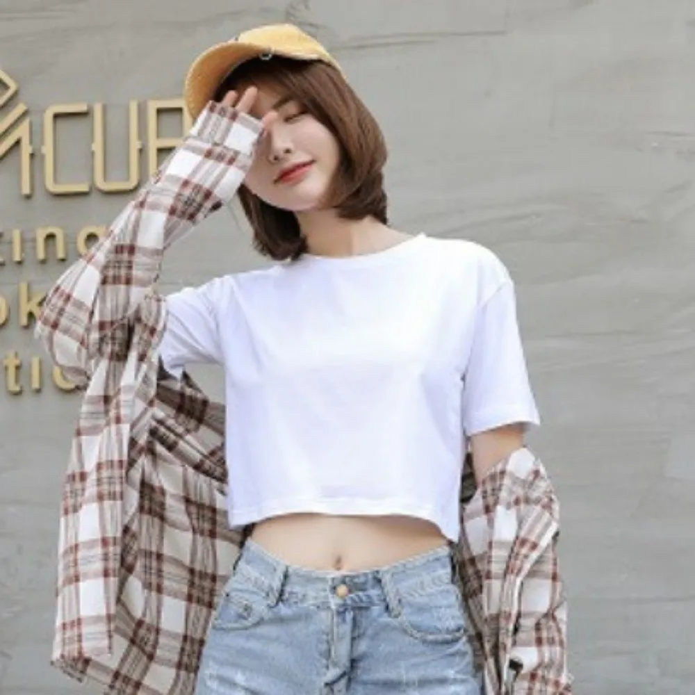 Description Picture 4 of itemIns Fashion U Neck Ultra Short T-Shirt Solid Color Korean Style Korean Short Tops Basic T-shirt Loose Black White Crop Top Dance