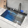 Stainless Steel Kitchen Sink Double Waterfall Digital Display Large Single Sink Honeycomb Embossed Pull Out Faucet Cup Washer 1