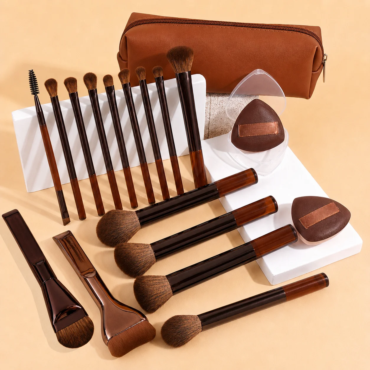 Makeup Brush Set - 18pcs High-Value Multi-Functional - Including 15 Makeup Brushes + 2 Powder Puffs + Makeup Bag - Travel-Friend - 2