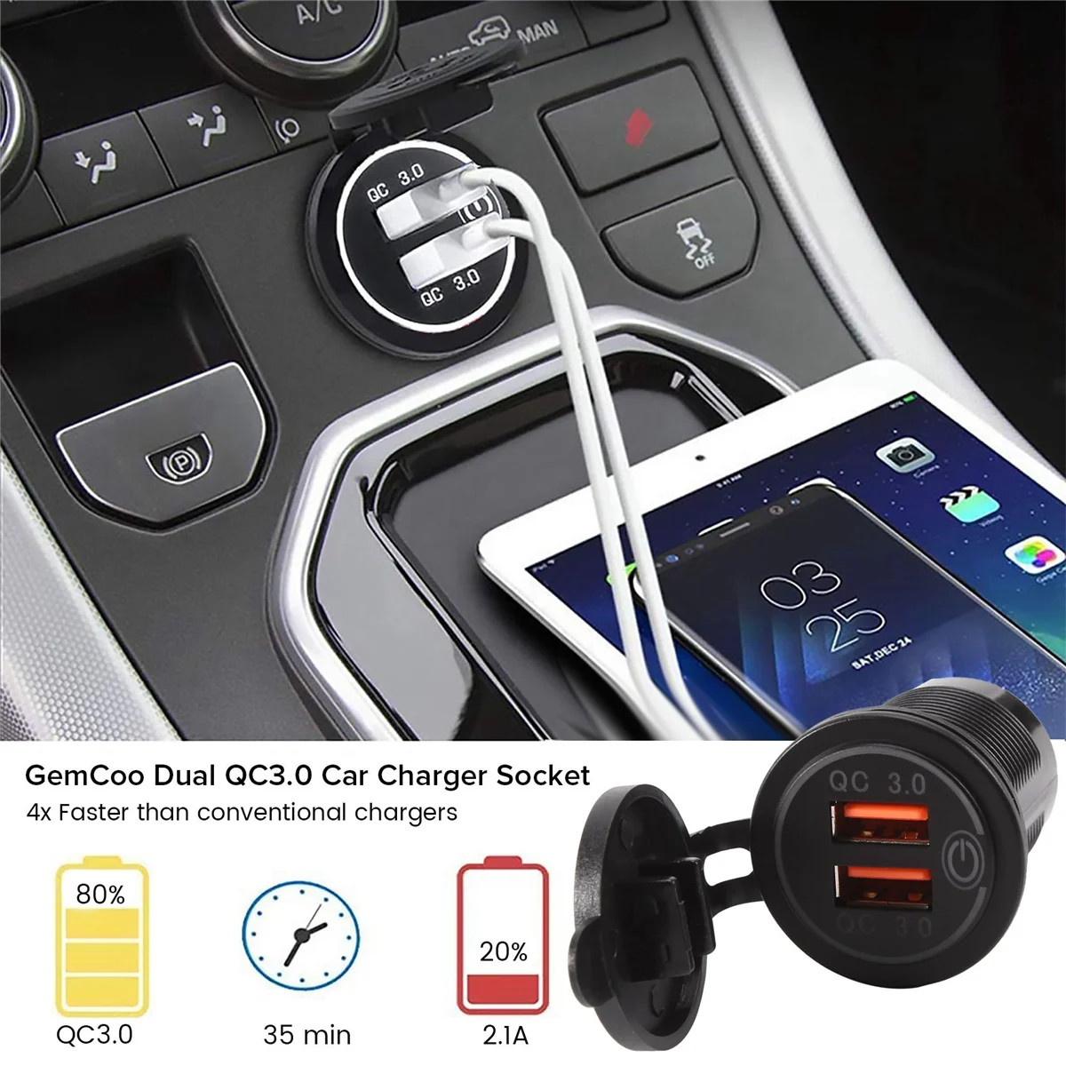 

12V 36W Quick Charge 3.0 Dual USB Car Charger USB Fast Charger with Switch for Boat Motorcycle Truck Sedan