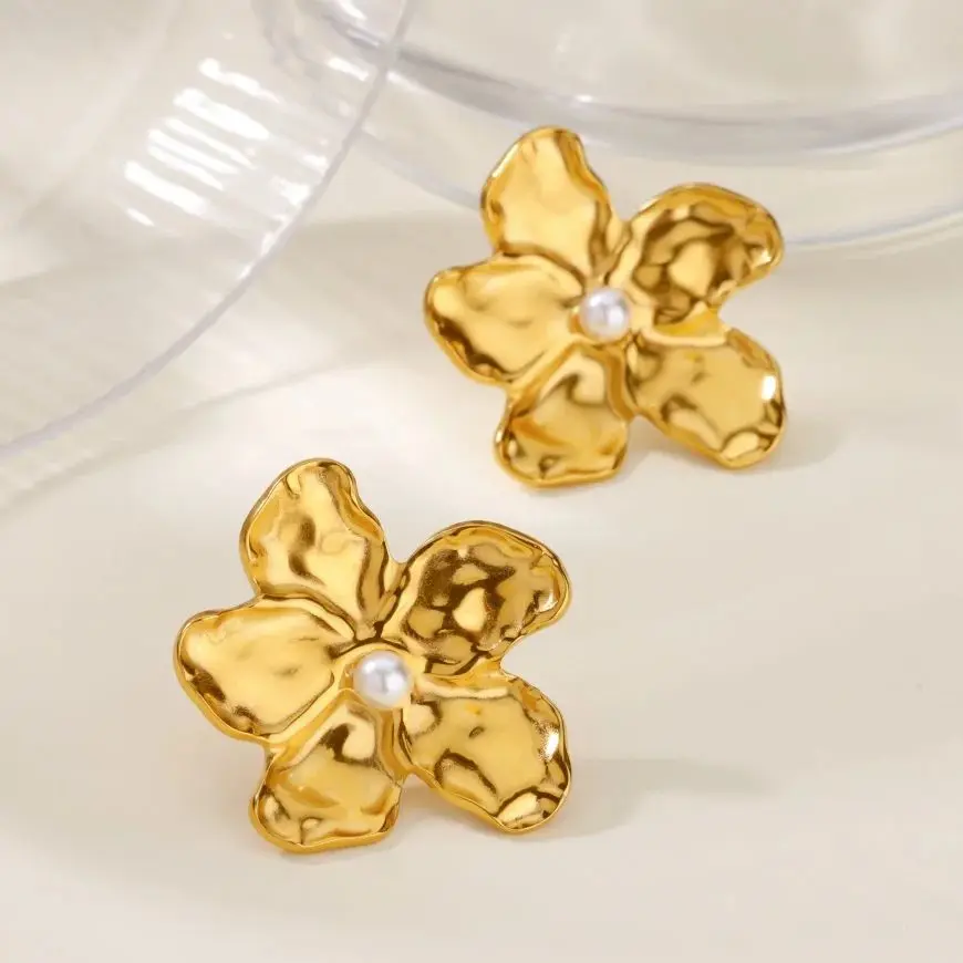 Flower Stud Earrings with Imitation Pearl for Women Girls