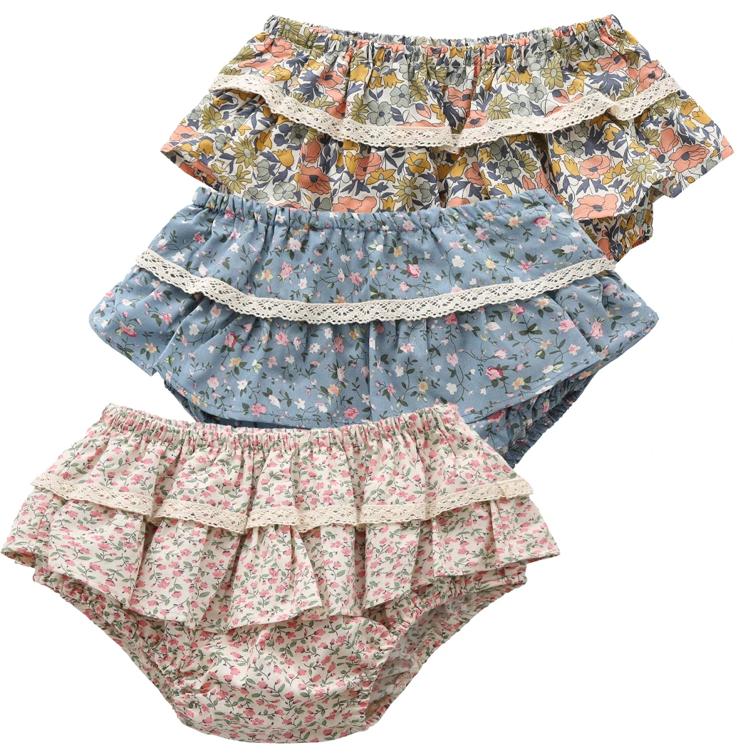 Baby Girls Shorts Double Layers Lace Bloomers Floral Pattern