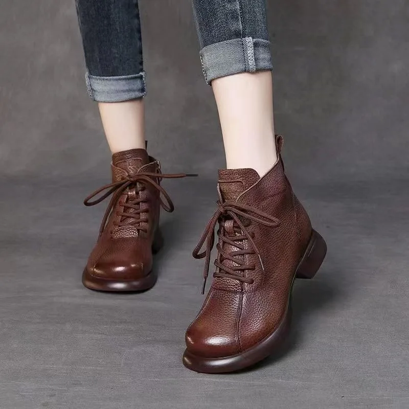 Botas-de-suela-gruesa-para-mujer-botines-sencillos-con-cordones-punta ...