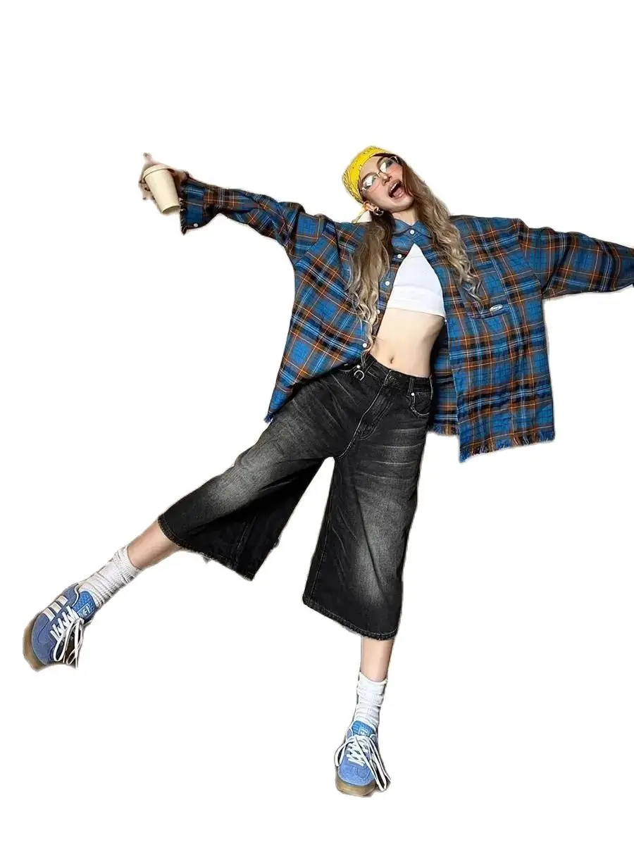 American Retro Black Jeans Style Baggy Denim Shorts Wide Leg Capri  Pants Fashion High Dark Wash Jeans Female Casual