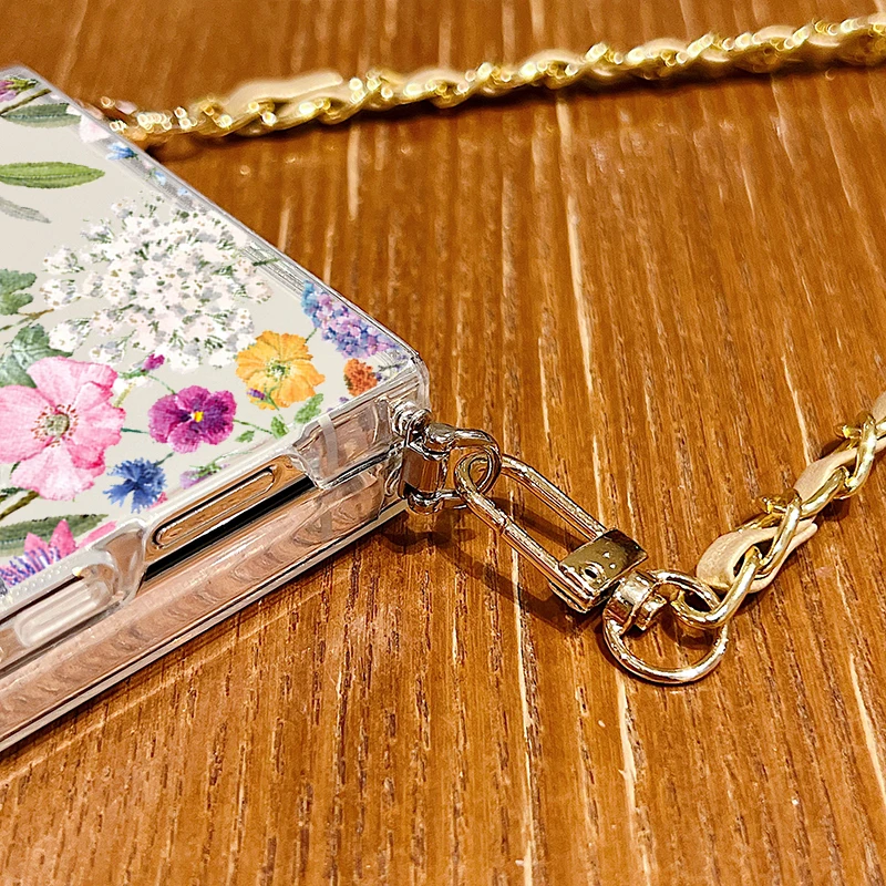 Hydrangea Print Metal Lanyard Case For Samsung Galaxy Z Flip6 Flip5 Flip4 Flip3 Flip 6 5 4 3 Shockproof Clear Soft Phone Cover_voghion.com