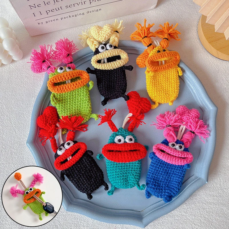 

Cartoon Key Case Sausage Mouth Hand-Woven Knitting Car Key Bag Pendant Anti-theft Handmade Crochet Key Fob Cage Protector