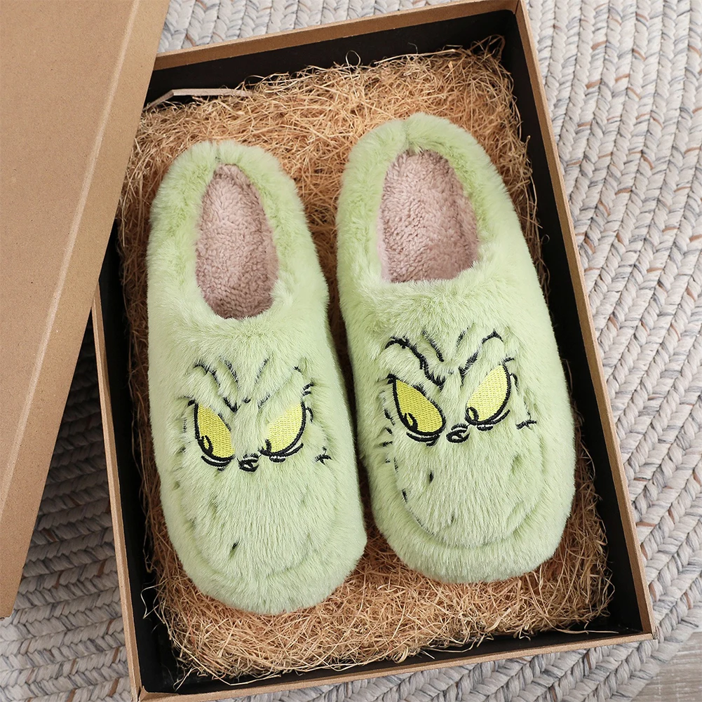 For Grinch Plush Slippers Warm Slip-on House Shoes Breathable Fluffy Home Slippers Cute Monster Slippers for Men Women