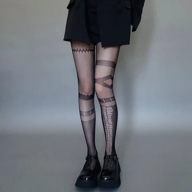 Women Goth Punk Cute Black Mesh Tights Lolita Skull Pattern Fishnet  Jacquard Harajuku Stockings Pantygose Leggings Halloween - AliExpress