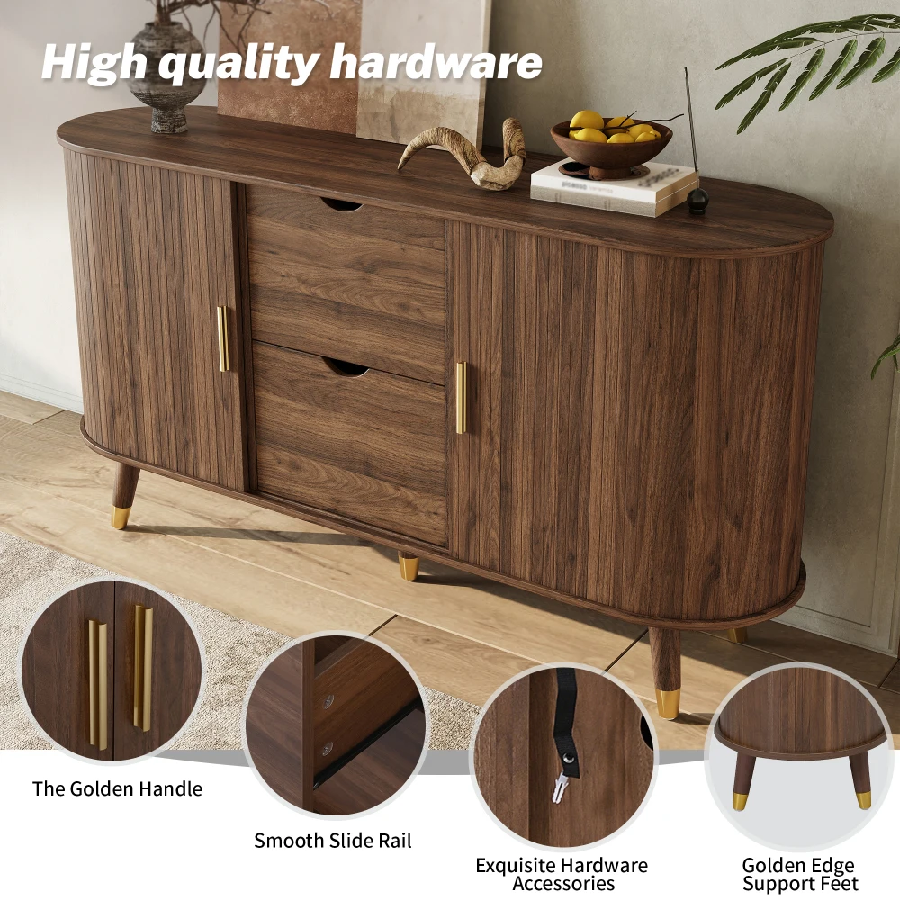 Sideboard mit vertikalen Perlenverzierungen, zwei Schiebetüren, zwei Schubladen, Massivholzbeinen und abgerundeten Ecken für das Wohnzimmer – Detail 13