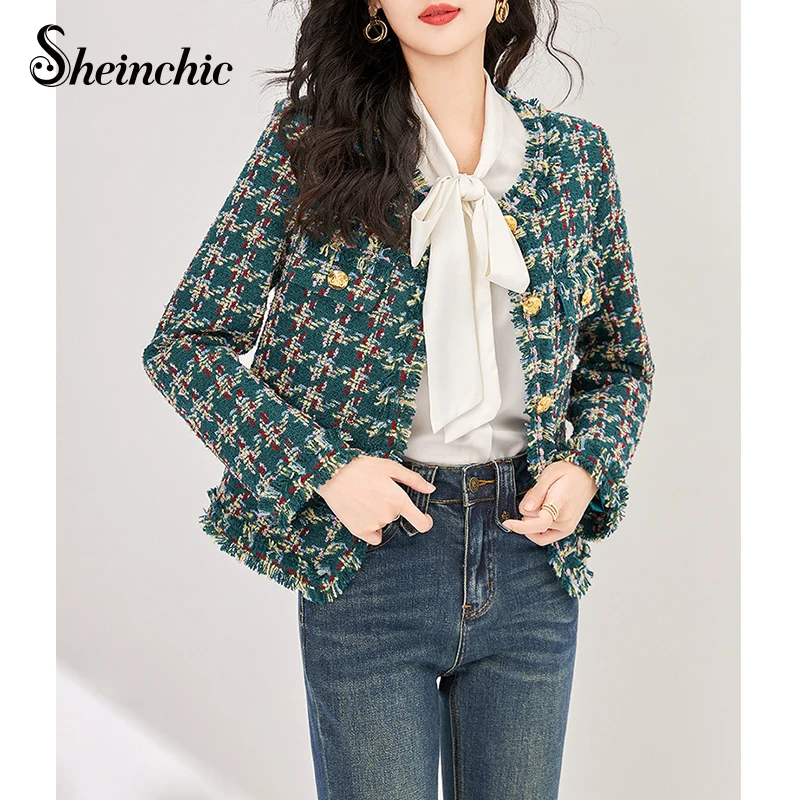 

Korean Fashion Autumn Winter Clothes 2023 Vintage Green Plaid Jacket for Women Wool & Blends Coats Chamarras Para Mujeres