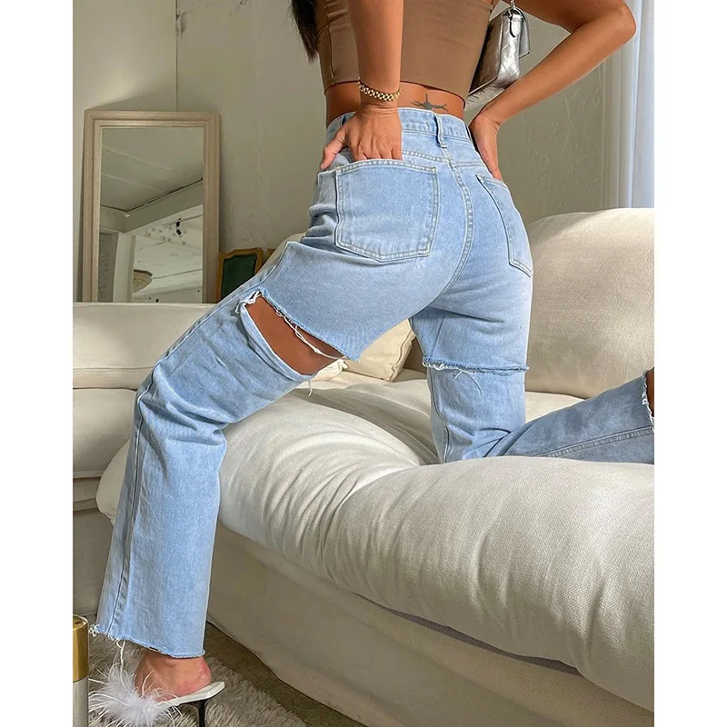 High Waist Sexy Ripped Jeans Women's New Fashion Casual Blue Denim Pants Zipper Pockets Hole Cowboy Long Trousers Spring Summer
