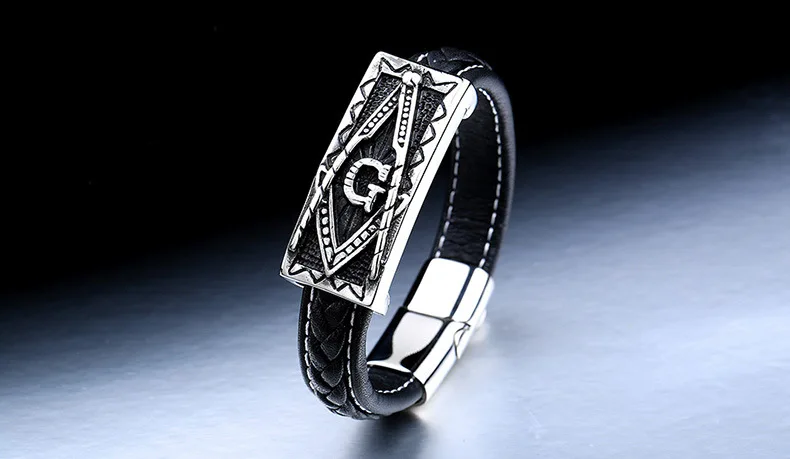 Vintage Men's Masonic Stainless Steel Freemason Genuine Leather Bracelet Cuff Jewelry Accessories