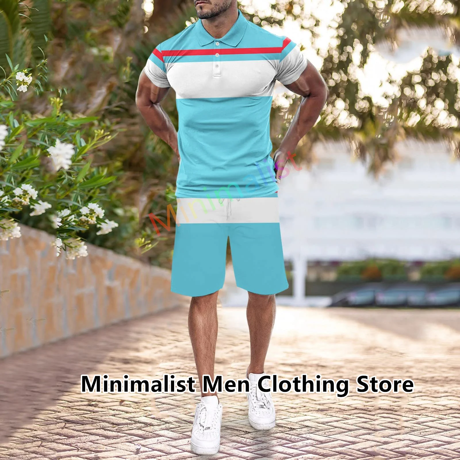 Men's Polo Suit Summer New Fashion Luxury Brand Casual Suit Button Lapel Striped T-shirt Short Sleeve Male 2 Piece Outfits