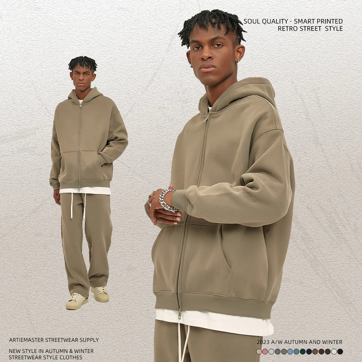 Autumn And Winter New Arrival Plus Velvet 350g Double-Head Zipper Cardigan Jacket Men And Women Loose Hooded Sweatshirt