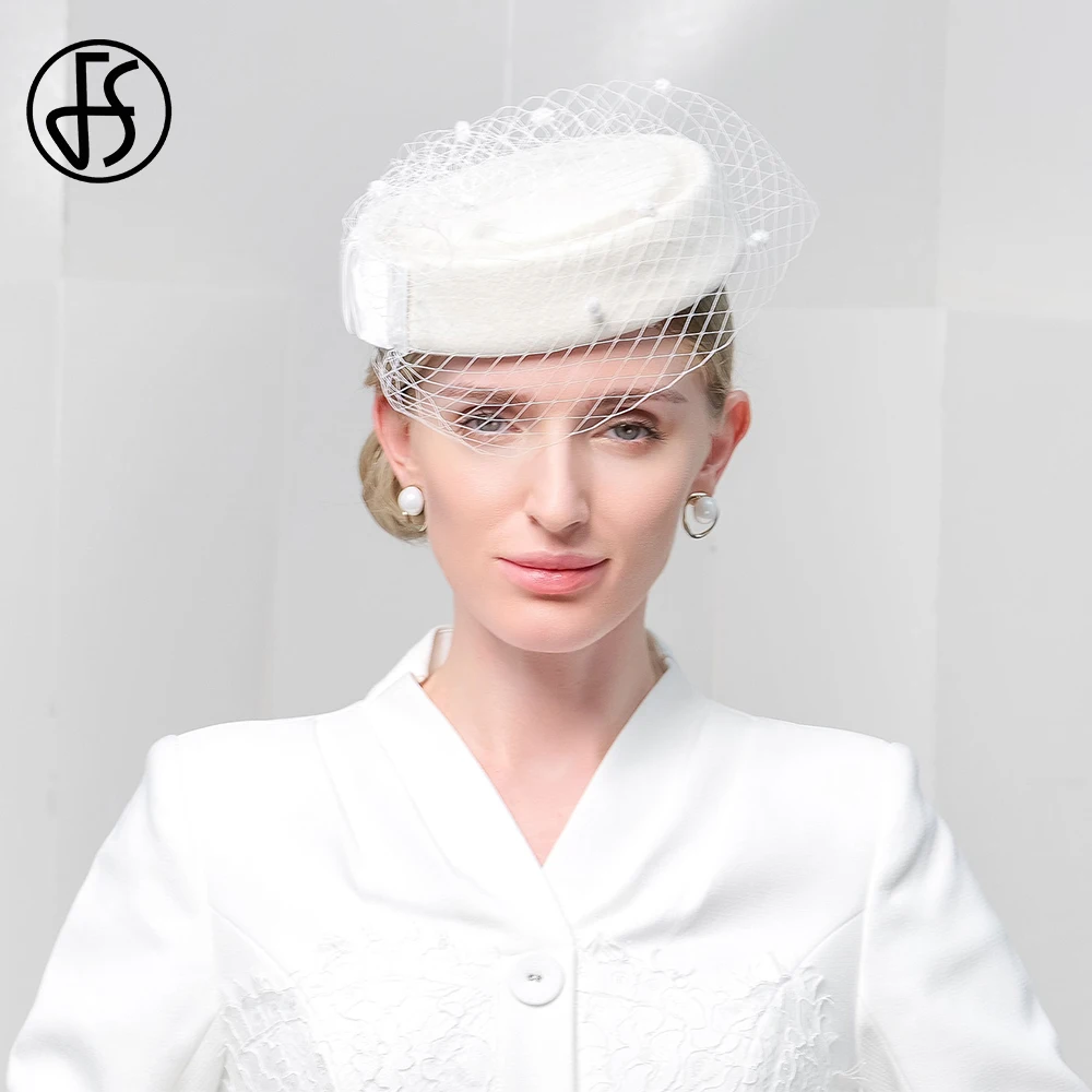 

FS French Elegant White Beret Air Hostess Wool Felt Hats For Women Warm Fedoras Ladies Cocktail Party Cap 2024 Spring