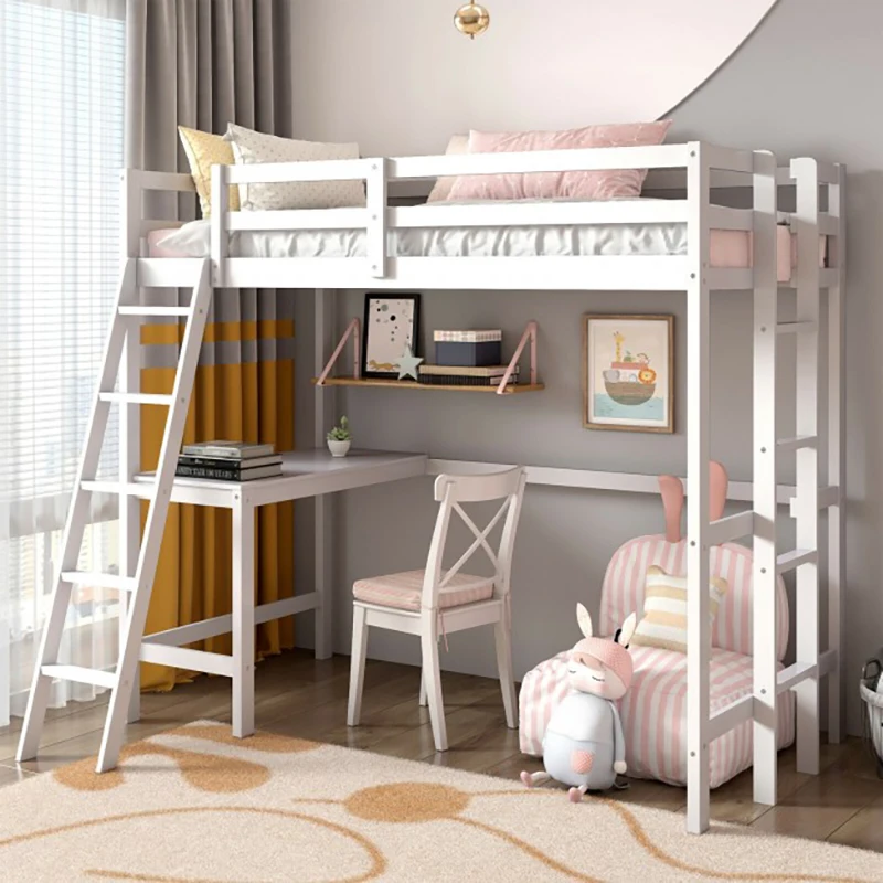 

Twin Size Loft Bed Frame with Desk Angled and Built-in Ladder Bedroom Furniture Beds Frame