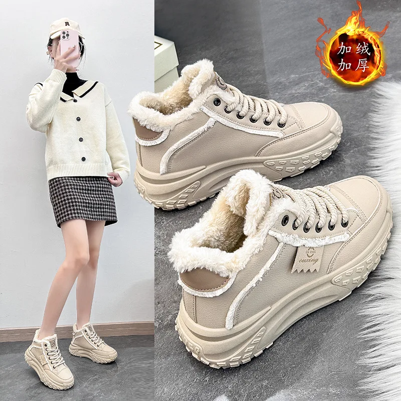 

2023 модная плюшевая спортивная обувь для женщин, кроссовки на толстой подошве со шнуровкой, Дамская Теплая Повседневная обувь, женская обувь на замке