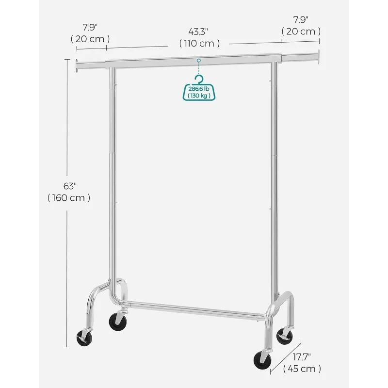 Clothes Rack with Wheels, Heavy-Duty Garment Rack with Extendable Rod, 286.6 lb Load Capacity, 6