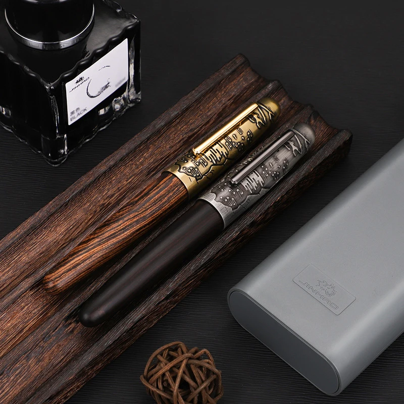 Jinhao Handmade Metal And Wooden Fountain Pen Tiger Embossed Cap 0.5mm Nib Writing Gift Box Pen Set