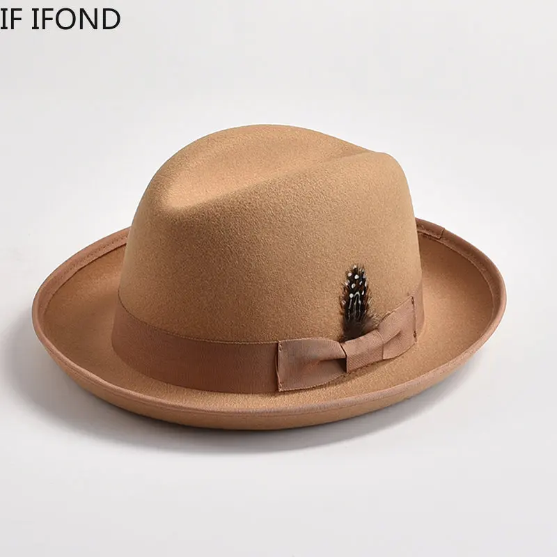 New British Style Wool Felt Fedora Hats for Men Roll Up Brim Homburg Gentleman Church Jazz Hat Party Dress Cap 1