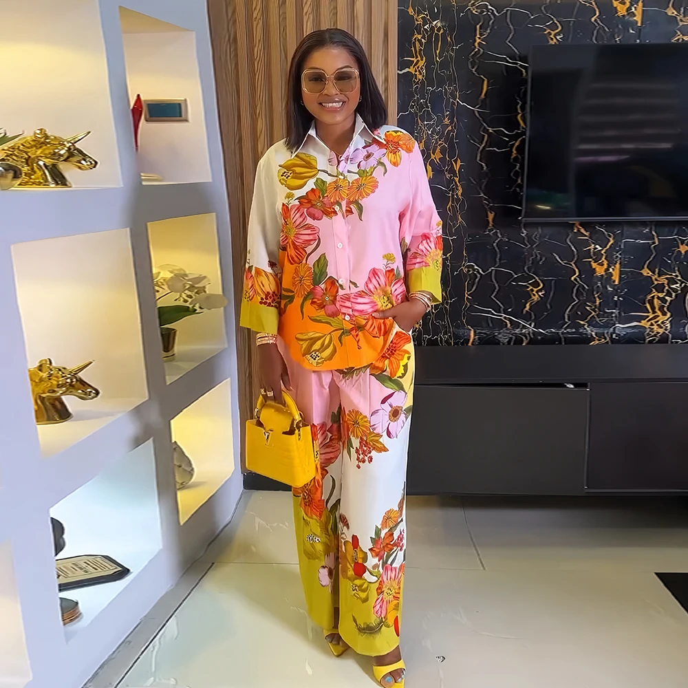 Women Floral Print Turn-down Collar Vintage Shirt Loose Pants Blouse Two Pieces Sets Spring Summer Holiday Outfits women two piece set
