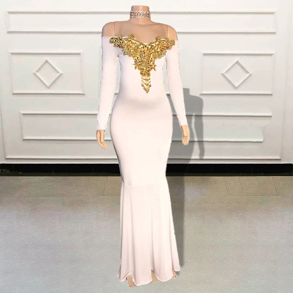 

New Arrival Straight Long Prom Dresses for Pregnant Women Gold Appliques Lace High Side Slit Full Sleeves Formal Evening Gowns