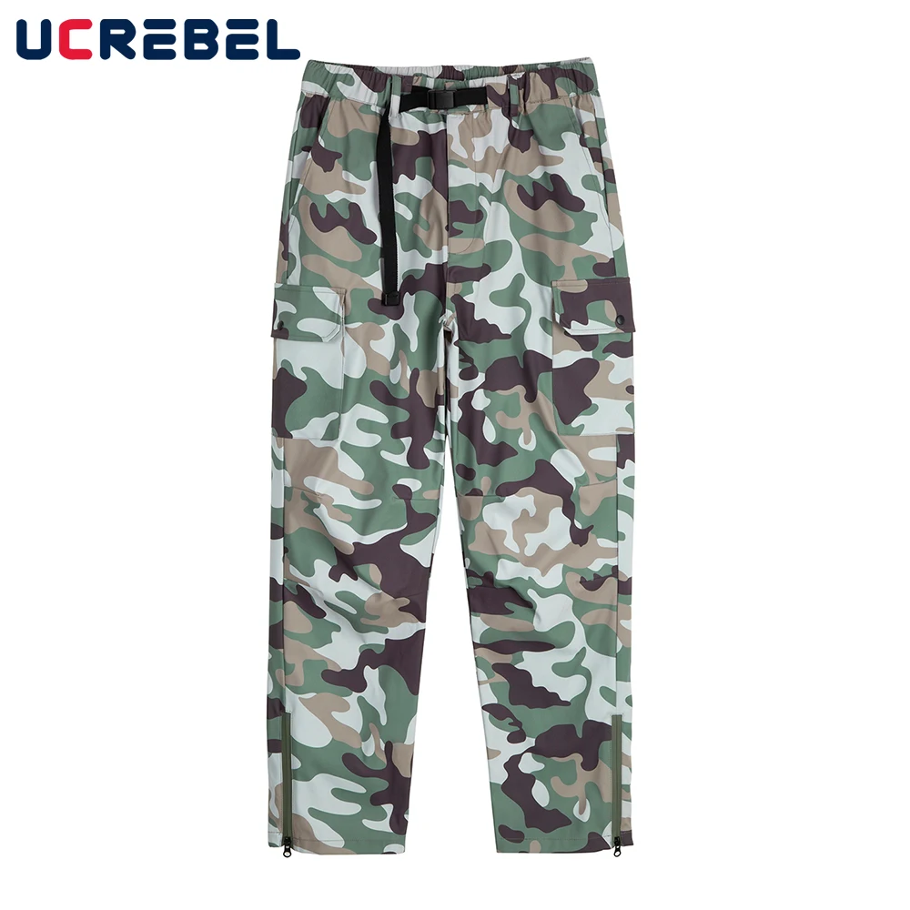 

Functional Zip Pocket Camouflage Cargo Pants Mens Streetwear Elastic Waist Casual with Belt Straight-leg Trousers Mens