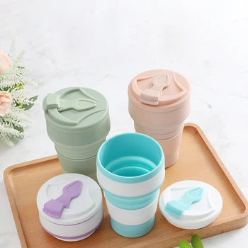 1pc 350ML Food-Grade Silicone Folding Cup, With Lid Reusable Portable Coffee Cup, Hot Drink ,Suitable For Travel And Camping