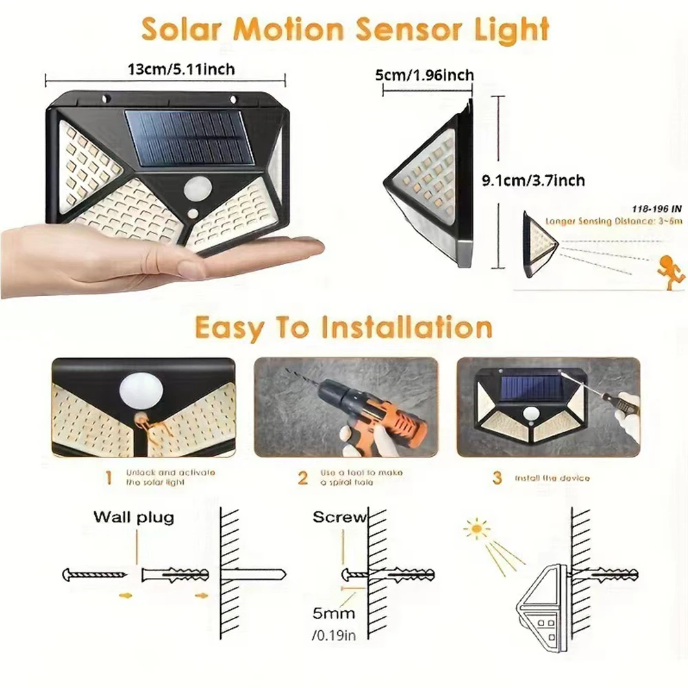 Solar Lights Outdoor ,100LED/3 Modes 270° Lighting ,PIR Angle Motion Sensor Secu