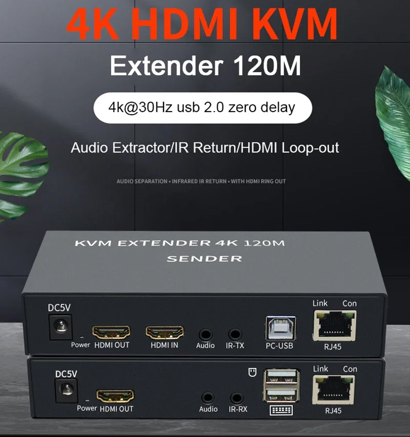 

4K 120m HDMI KVM Extender Via Cat5e Cat6 Rj45 Ethernet Cable Video Converter Transmitter Receiver Kit Support USB Keyboard Mouse