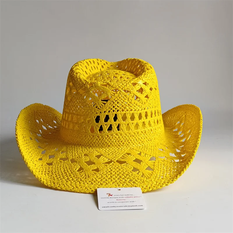 Gelber Strohhut mit Malan-Blumen, handgewebter, hohler Cowboyhut für Herren und Damen, Sommer-Sonnenhut, Jazz-Strohhut, Western-Cowboyhut – Detail 6