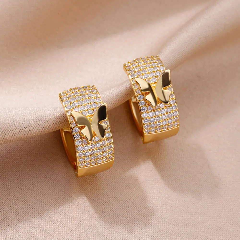 Cubic Zirconia Butterfly Earrings For Women Stainless Steel Gold Color