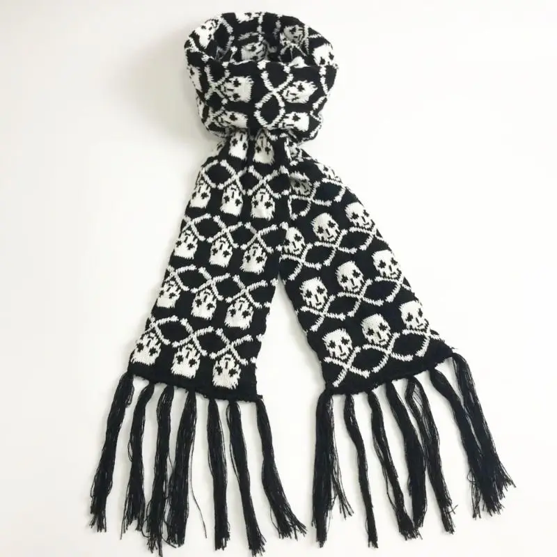 KOSAHIKI Punk Harajuku Japan Scarf Gothic Y2k Girl Skull Plaid Scarves Warm Knit Scarf Black White Autumn Winter Tassel Scarves