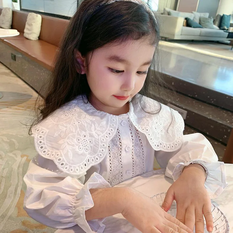 Spring Autumn baby girls lace Hollow out shirts 2-7 Years Girl cotton embroidery Lapel long sleeve blouses Tops
