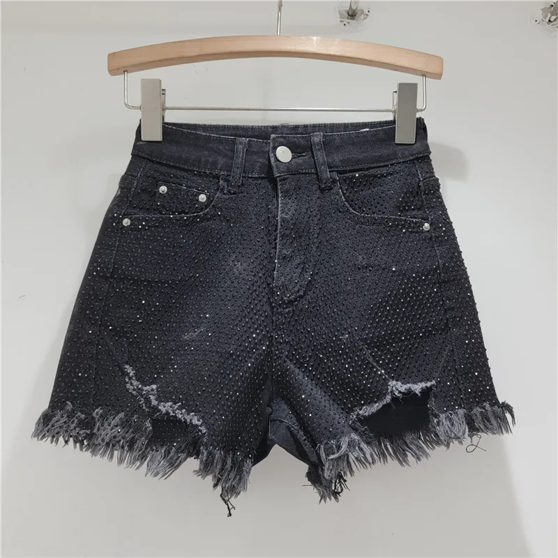 Streetwear Full Rhinestones Denim Shorts for Women 2024 Summer New High Waist Slimming All-Matching Raw Edge A- Line Hot Pants