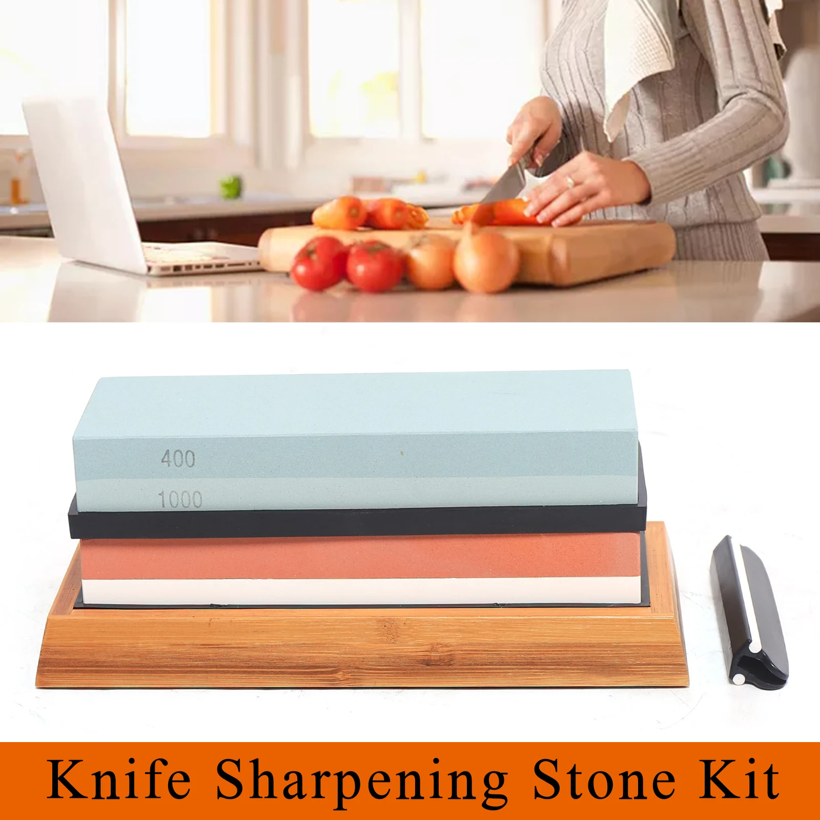 

400/1000 3000/8000 Grit, Knife Sharpening Stone Set Dual Grit Whetstone With Base Sharpener Wet Kitchen Tools Kit