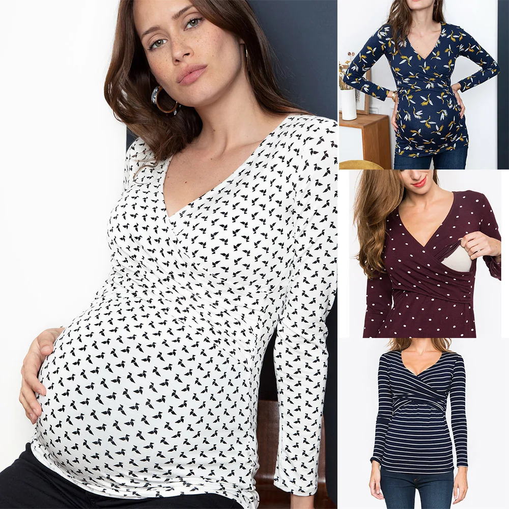 

Fashion New Maternity T-shirts Printed Nursing Clothes Pregnant Women V-neck Cross Top Long Sleeve Breastfeeding