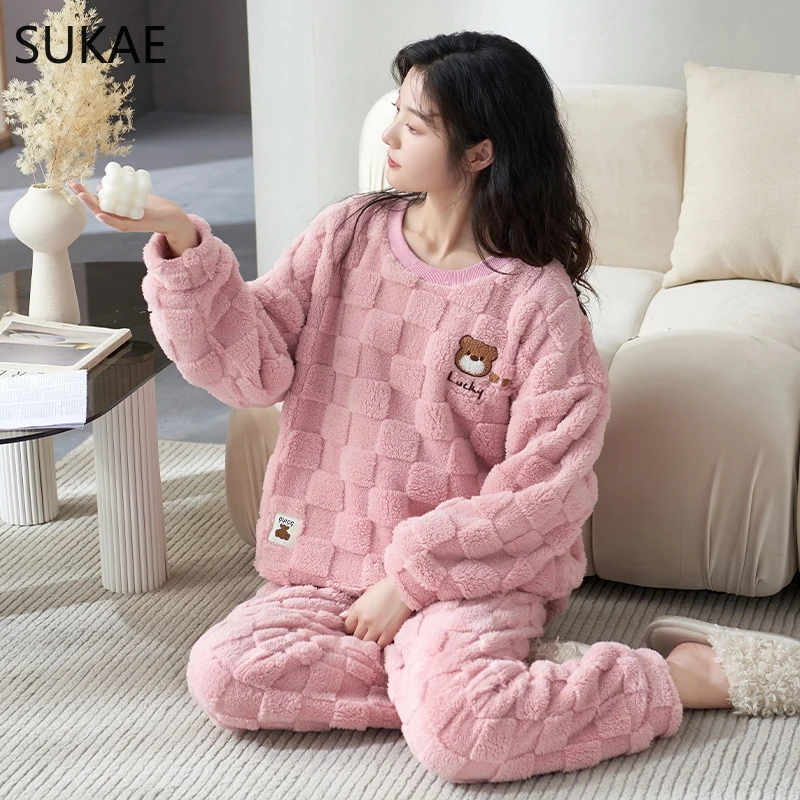 SUKAE-Conjunto de Pijama de terciopelo chino para mujer, ropa de dormir  supergruesa, elegante, coreana, de peluche, térmica